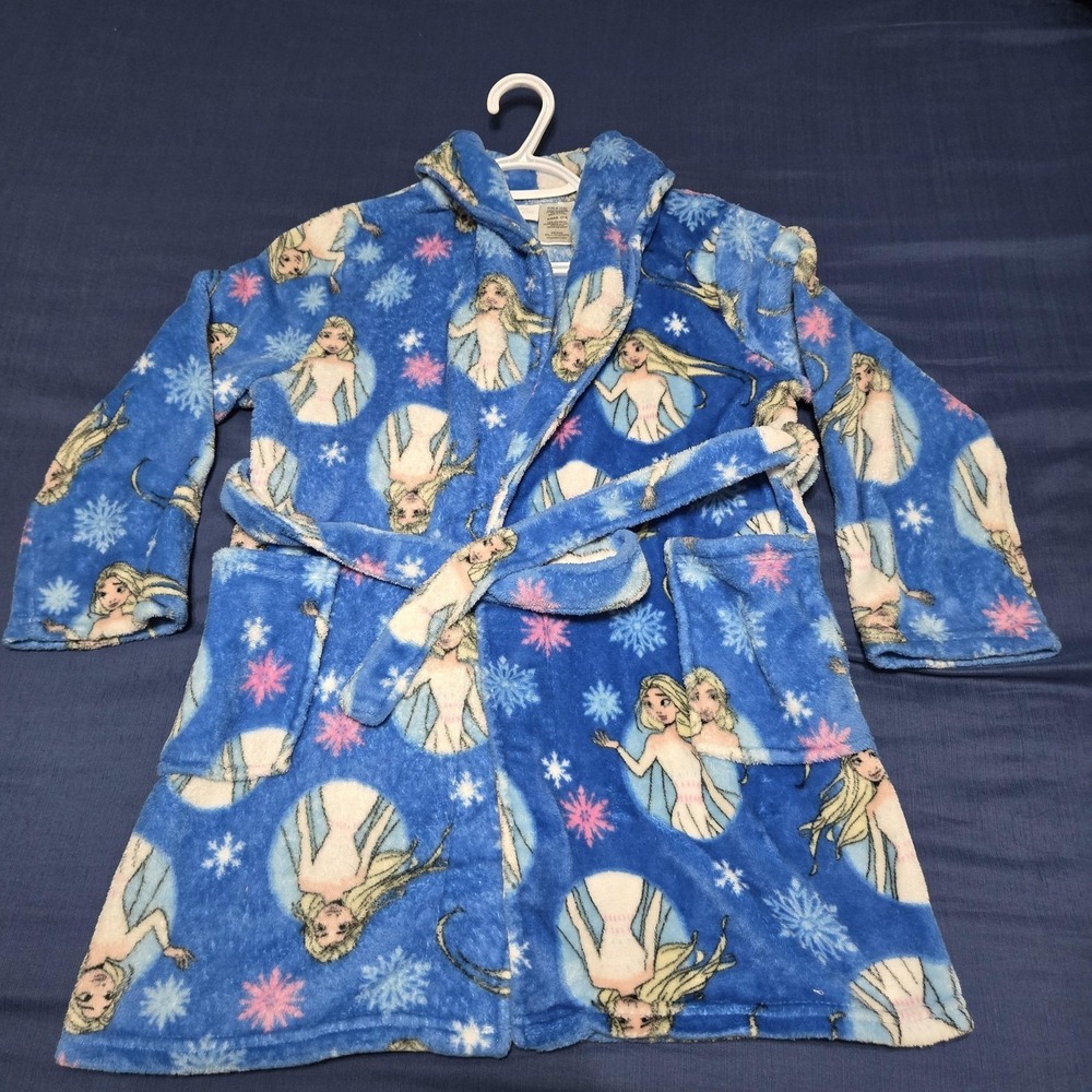 Disney Robe Girls 7/8 Blue Fleece‎ Elsa Frozen Belted Long Sleeve Winter